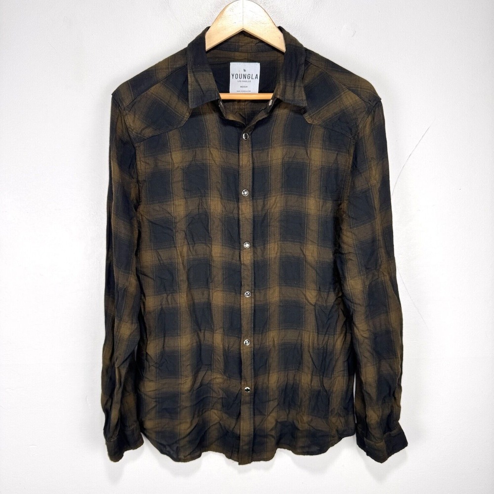 YoungLA Pearl Snap Western Flannel Shirt Men Medium Brown Black‎ Check Rayon